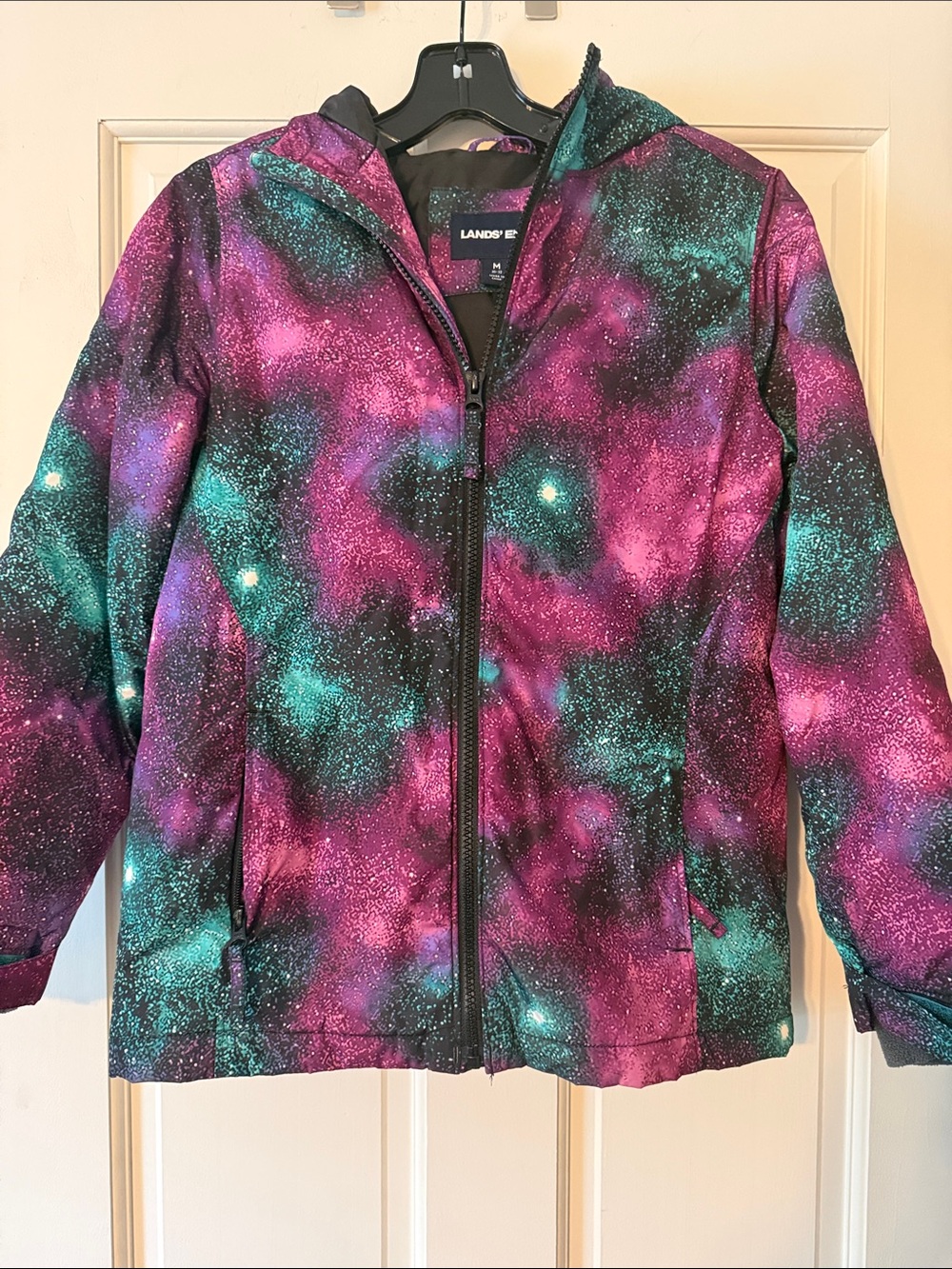 Lands' End Girls' Teal & Purple Galaxy Print Hooded Puffer Jacket